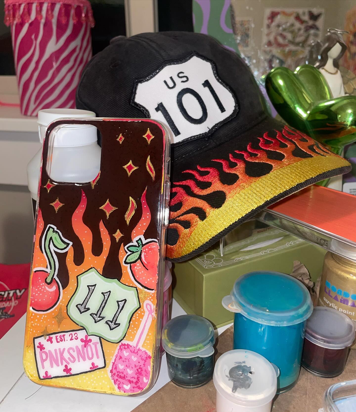 hand painted flames and cherries phone case - $66